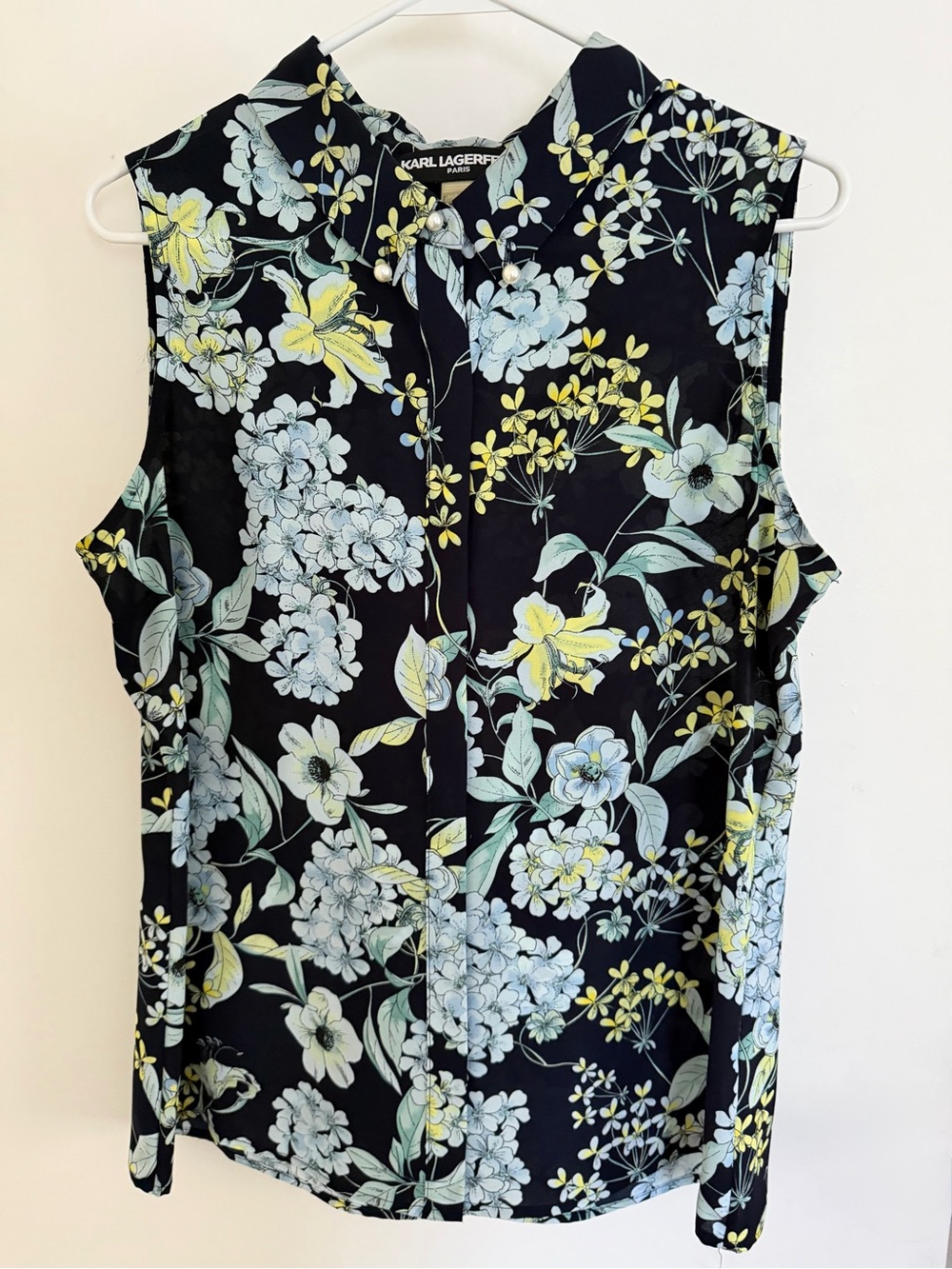 Karl Lagerfeld Navy Blue Floral Sleeveless Top with Yellow & Light Blue Blooms